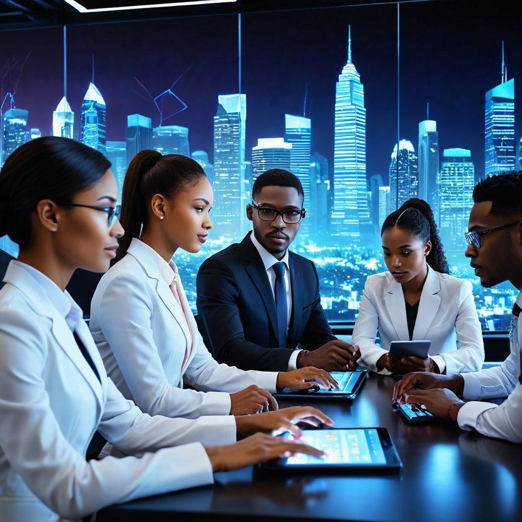 A dynamic scene showcasing a diverse group of professionals analyzing innovative web-based applications on futuristic devices, with glowing interface elements illustrating insurance policies and services. The background features a blend of modern cityscape and digital visuals symbolizing empowerment and technology. Bright colors capture the energy of the digital age. super-realistic. vibrant colors.