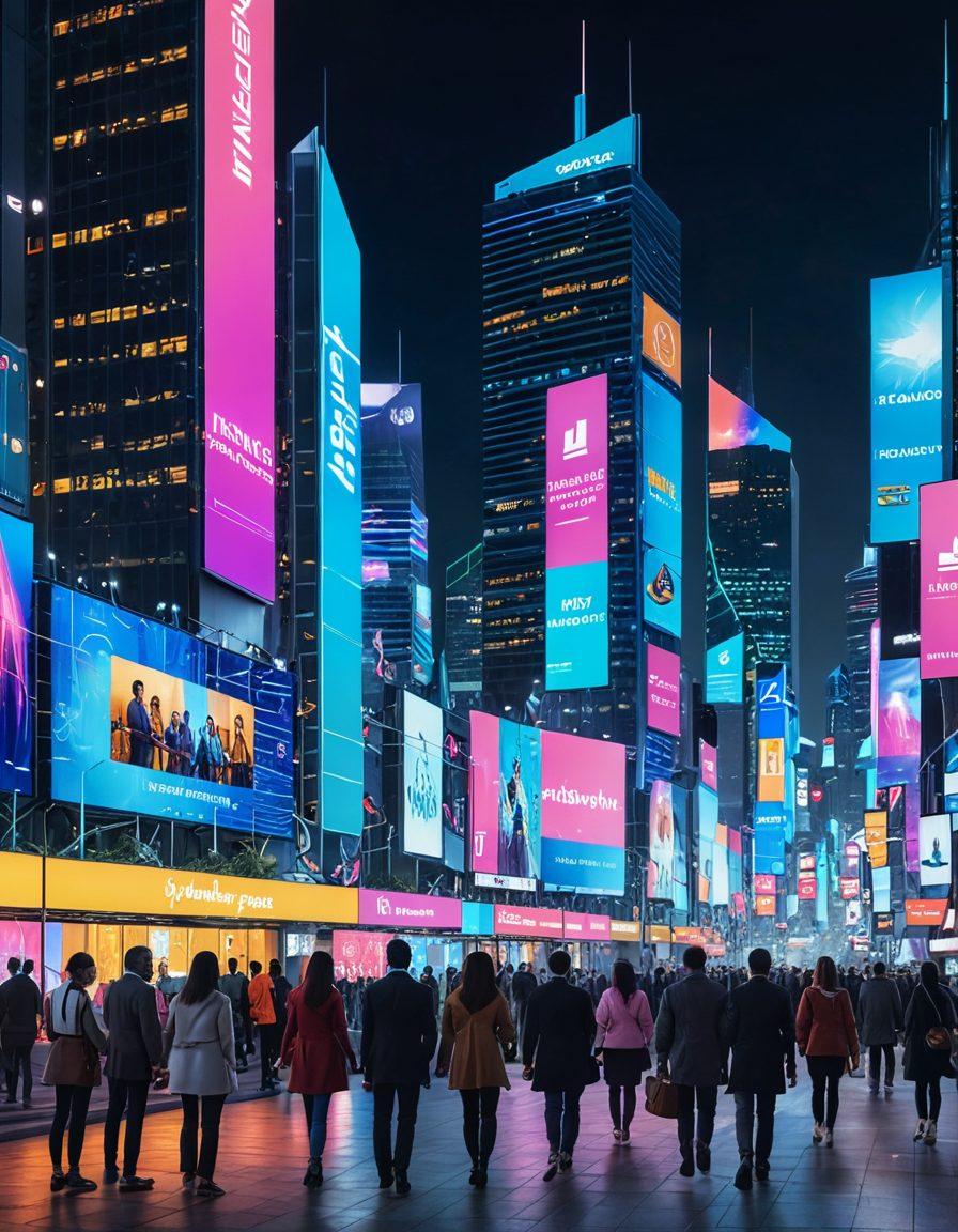 A futuristic city skyline with digital billboards showcasing online insurance services, overlaying a diverse group of people engaging with their devices. Include holographic interfaces displaying insurance options and happy faces representing customer satisfaction. The atmosphere should be bright and optimistic, symbolizing the transformation in customer engagement. cyberpunk. vibrant colors. 3D.