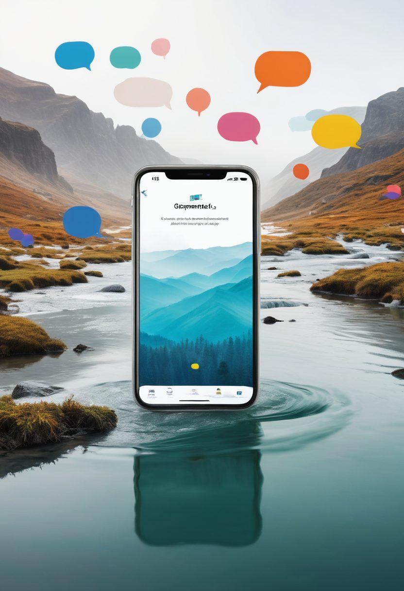 A modern digital landscape featuring diverse individuals engaging with online insurance platforms on various devices, surrounded by floating speech bubbles with inspiring quotes about customer experience. Include elements like a flowing river of information connecting them, symbolizing seamless coverage and transformation. Bright and uplifting color palette, conveying optimism and trust. super-realistic. vibrant colors. white background.